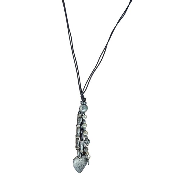 Boho Beaded Heart Pendant Cord Necklace Silver Tone Charms Fashion Jewelry Women - Picture 2 of 7